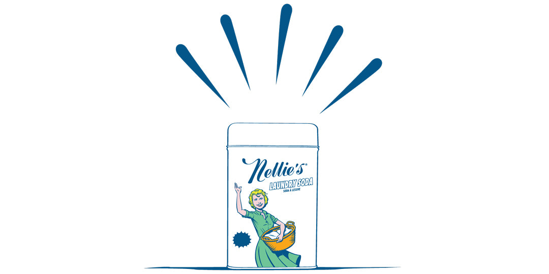 5 Blue rays pointing on Nellie's Laundry Soda Tin with a image of lady in green dress carrying a basket of clothes and waving her another hand up in the air