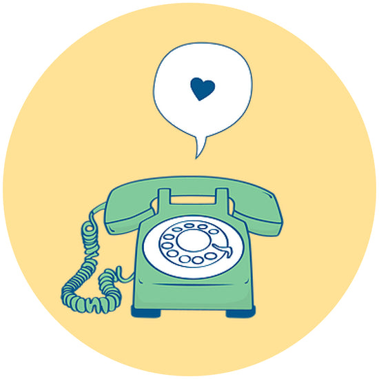 A speech bubble filled with a blue heart pointing a green telephone