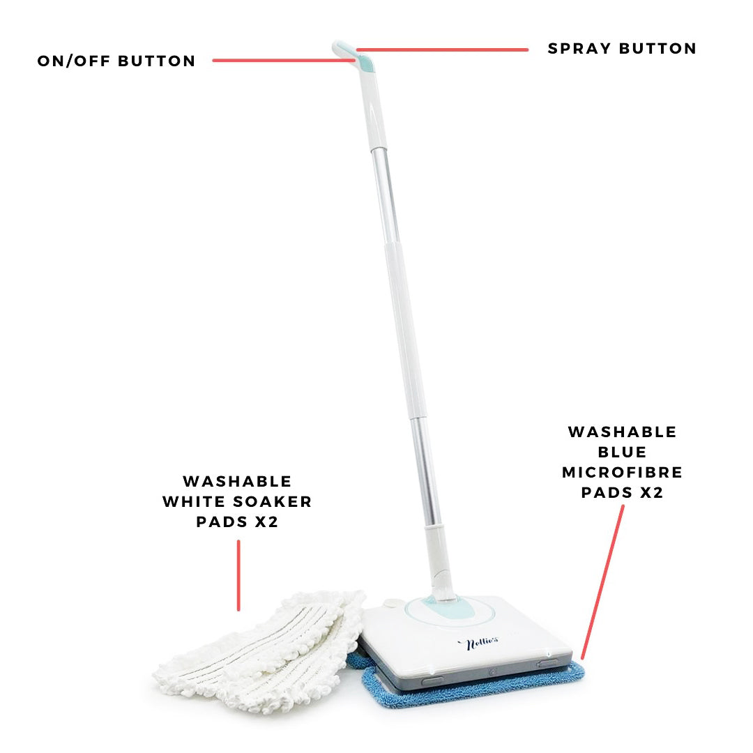 Nellie's Mop with its ON/OFF Button all of its parts labelled 