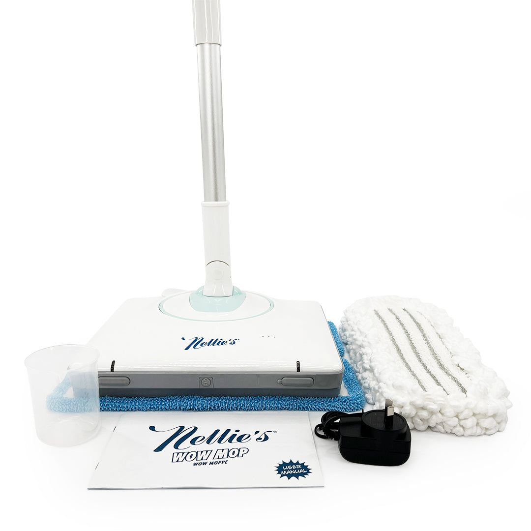 Nellie's WOW Mop, Measurement cup, User manual Adapter and White Mop Pads